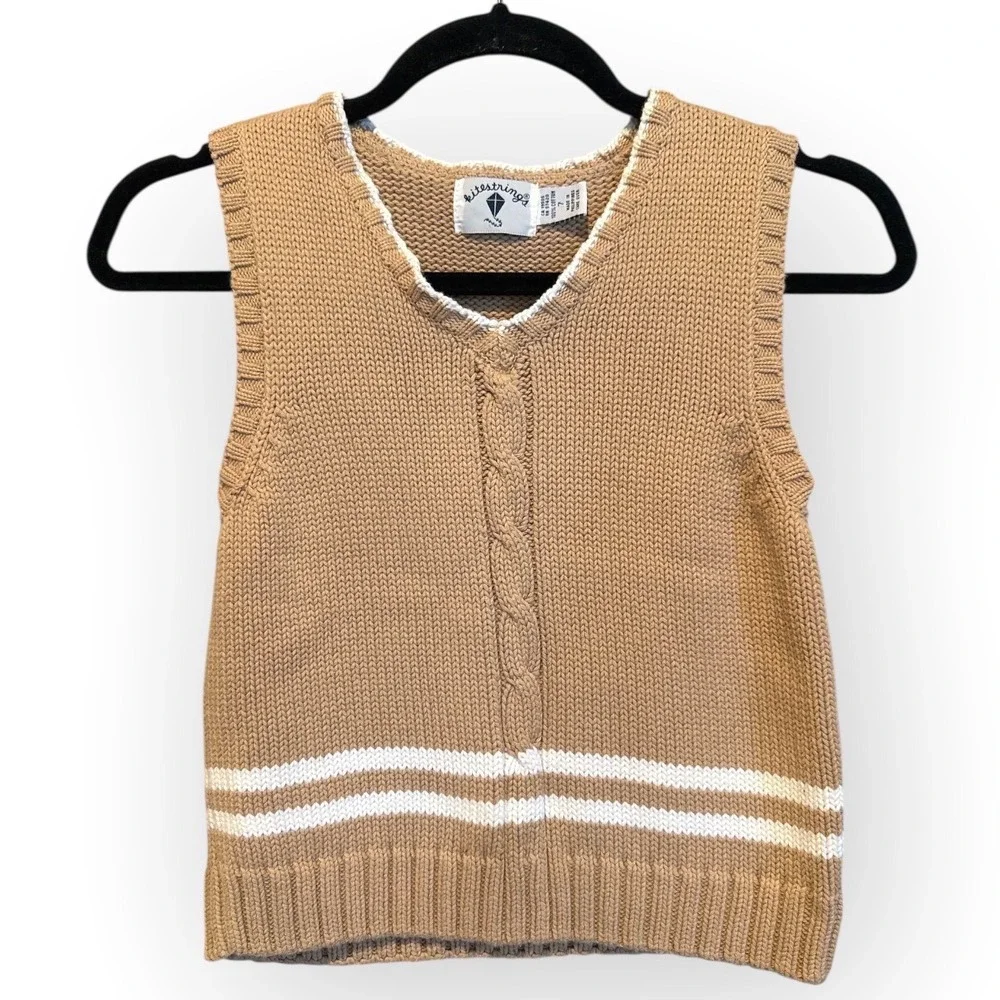 Kitestrings Kids Tan Cable Knit Vest White Trim Stripe Size 7
